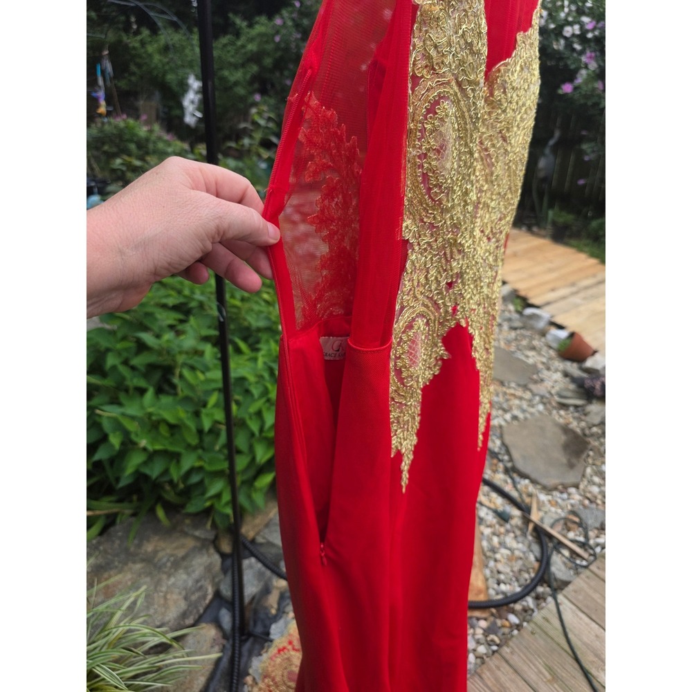 Grace Karin Red Gold Lace Embroidered Evening Gown Sleeveless Formal Prom Dress - Picture 5 of 10